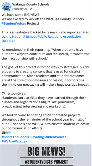 Watauga County Schools Student Voices initiative announcement